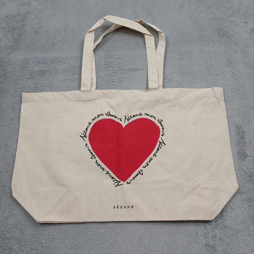 Sezane Tote Bag Beige Mon Amour Red Heart Cotton